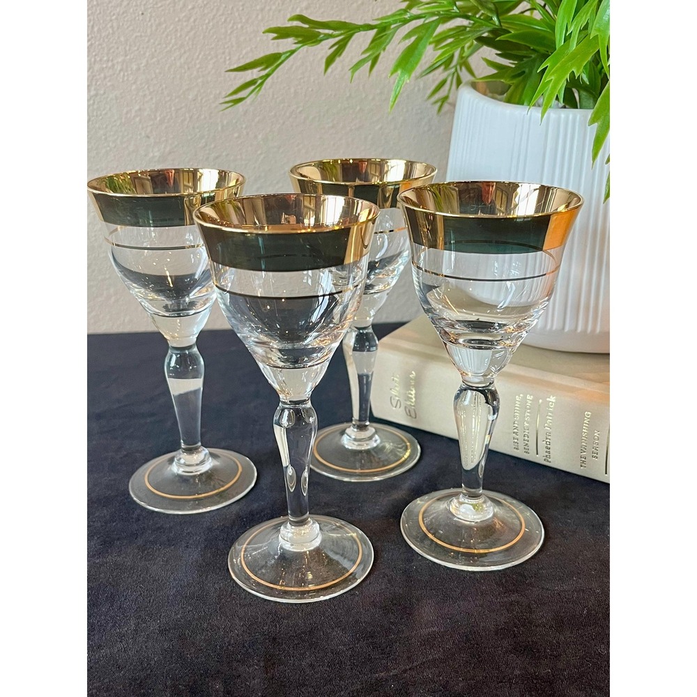 Avitra Golden Cordial Glasses Set of 4 Gold Band Liqueur Stemware 5.25"